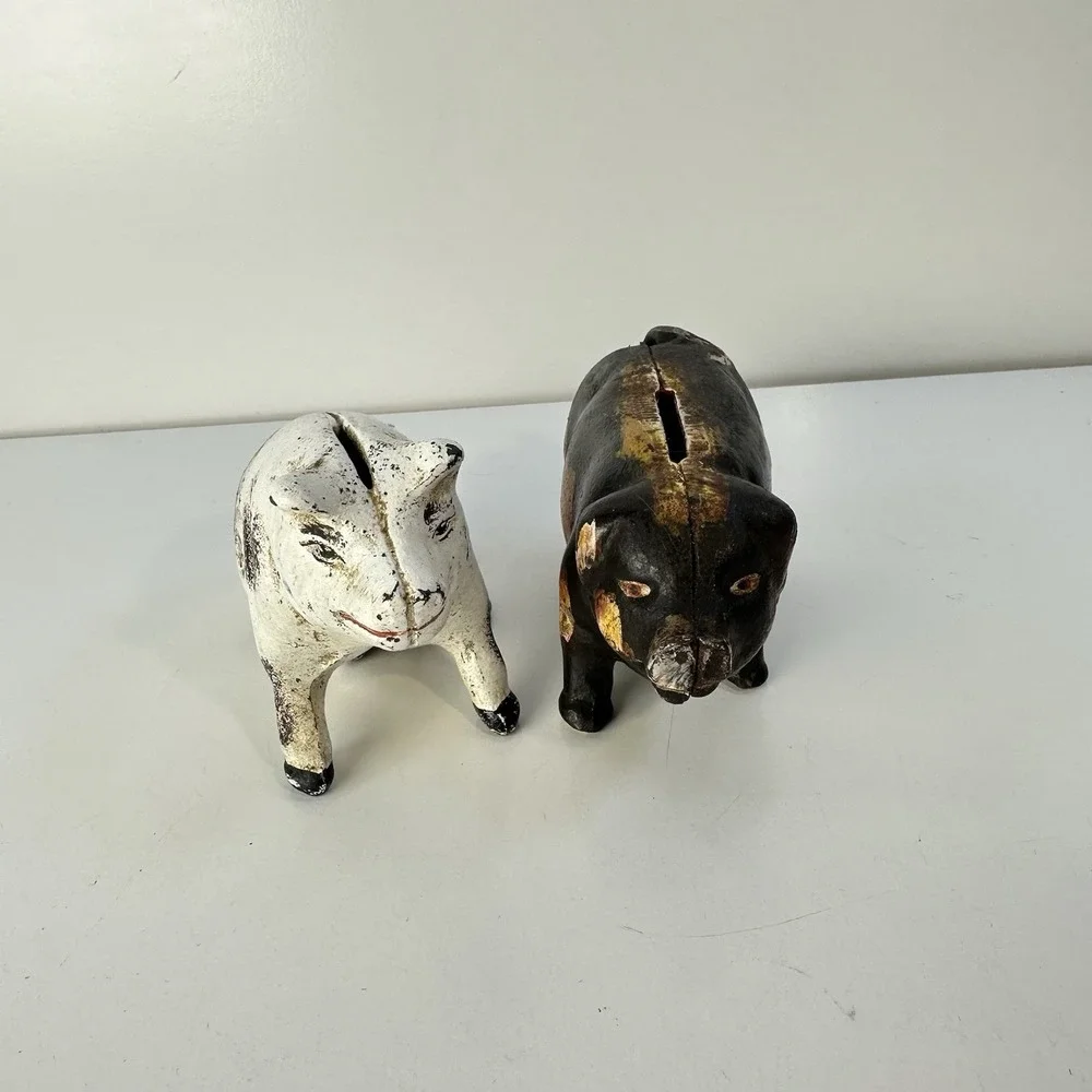 Vintage Cast Iron Pig Bank Doorstops x2 White and Black 4